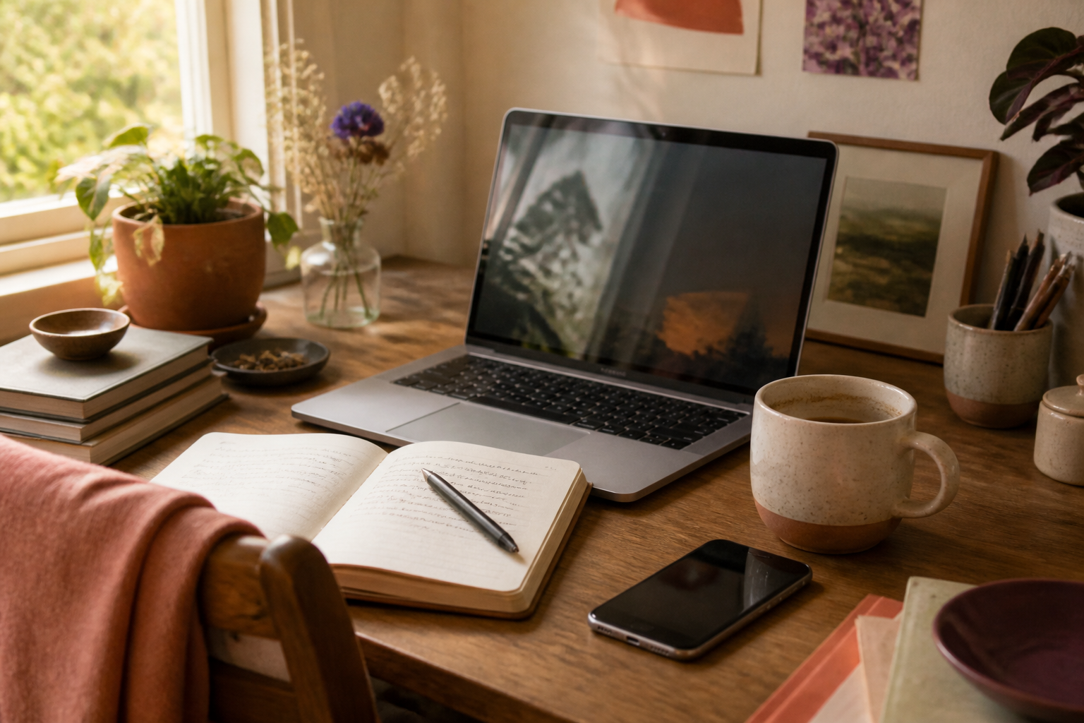 A cluttered desk with a laptop, phone, coffee mug, and an abandoned notebook with a pen resting across it in afternoon light.