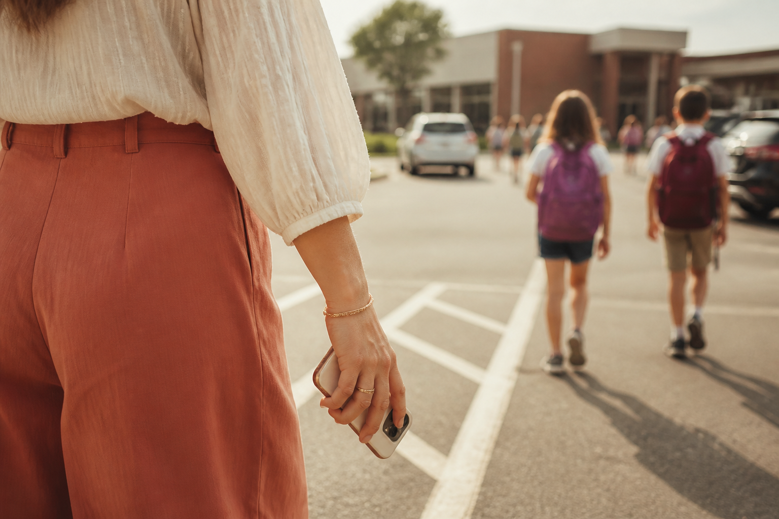 Hand holding a phone in a school parking lot