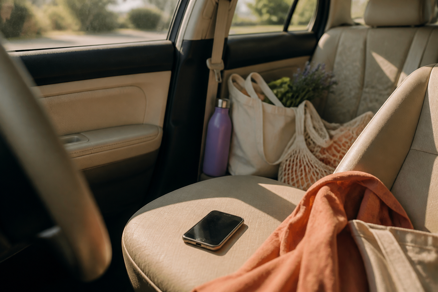Phone on a car passenger seat with everyday items