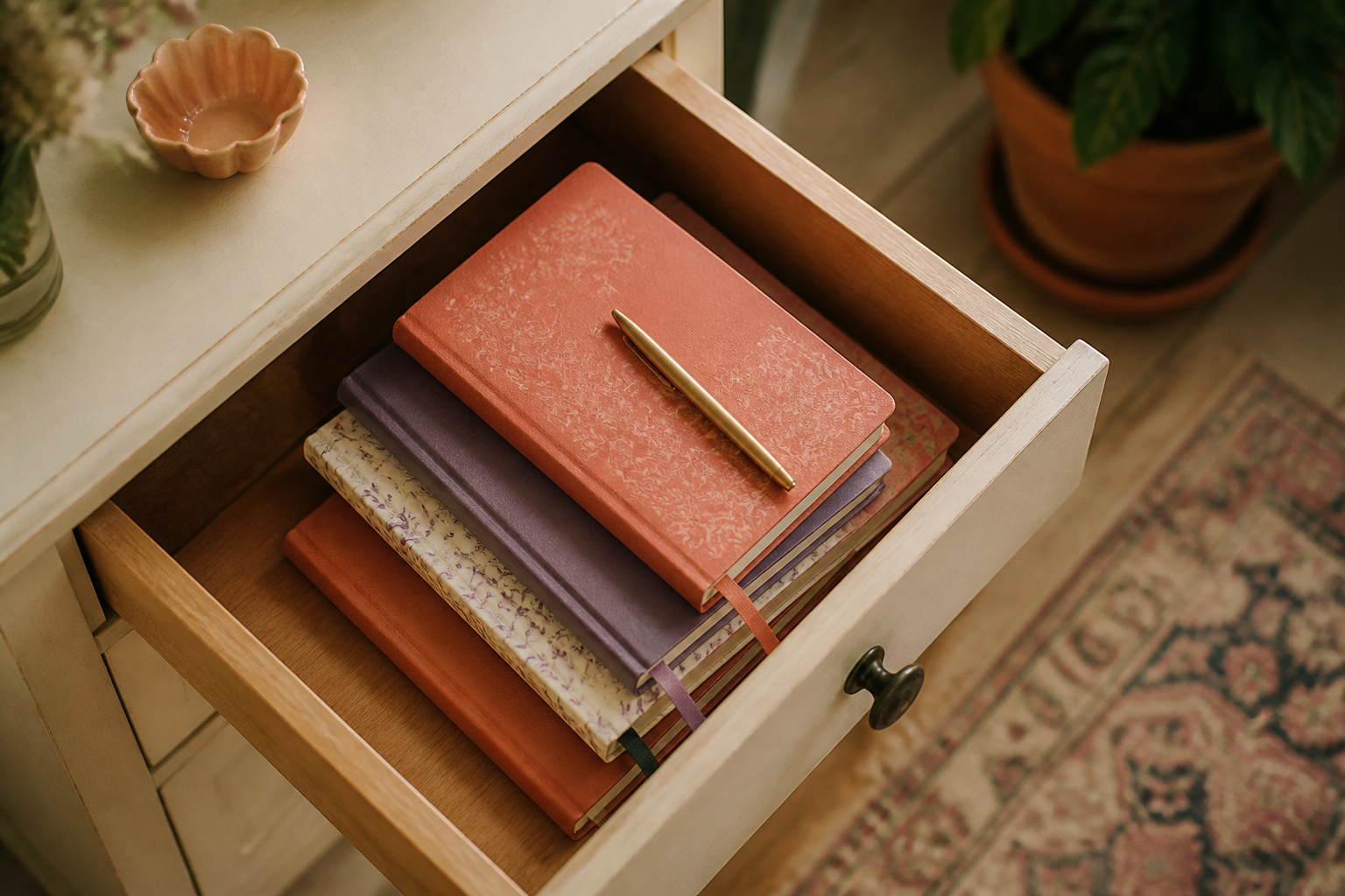 A drawer of partially used journals and notebooks
