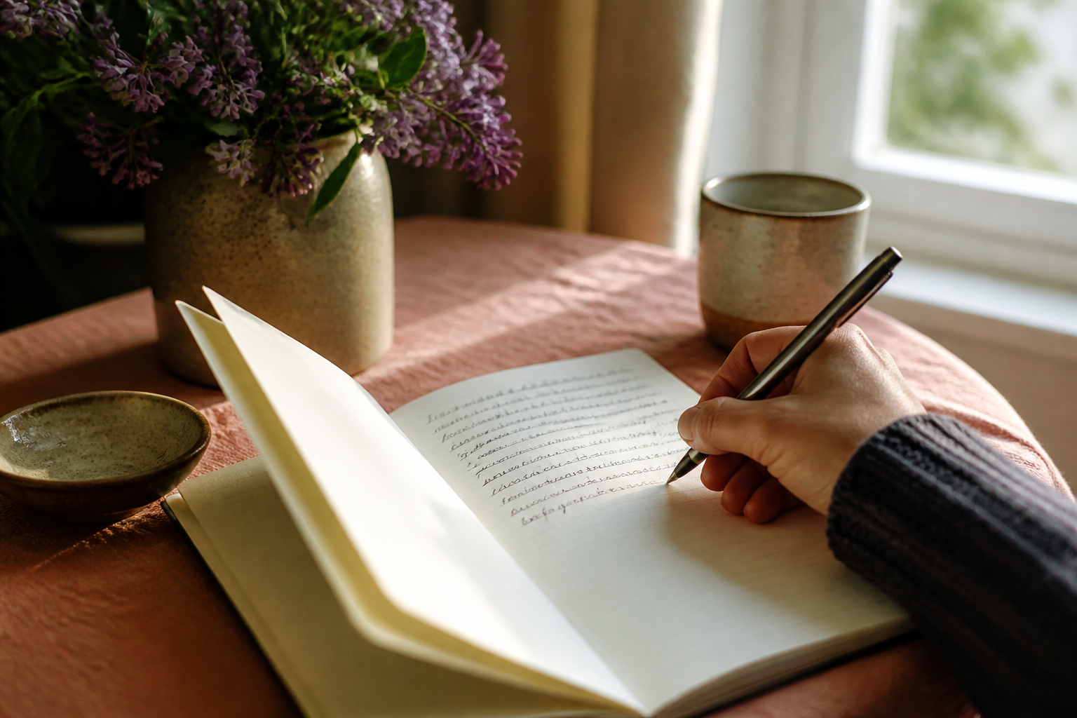 Open notebook with handwritten notes trailing off on the page