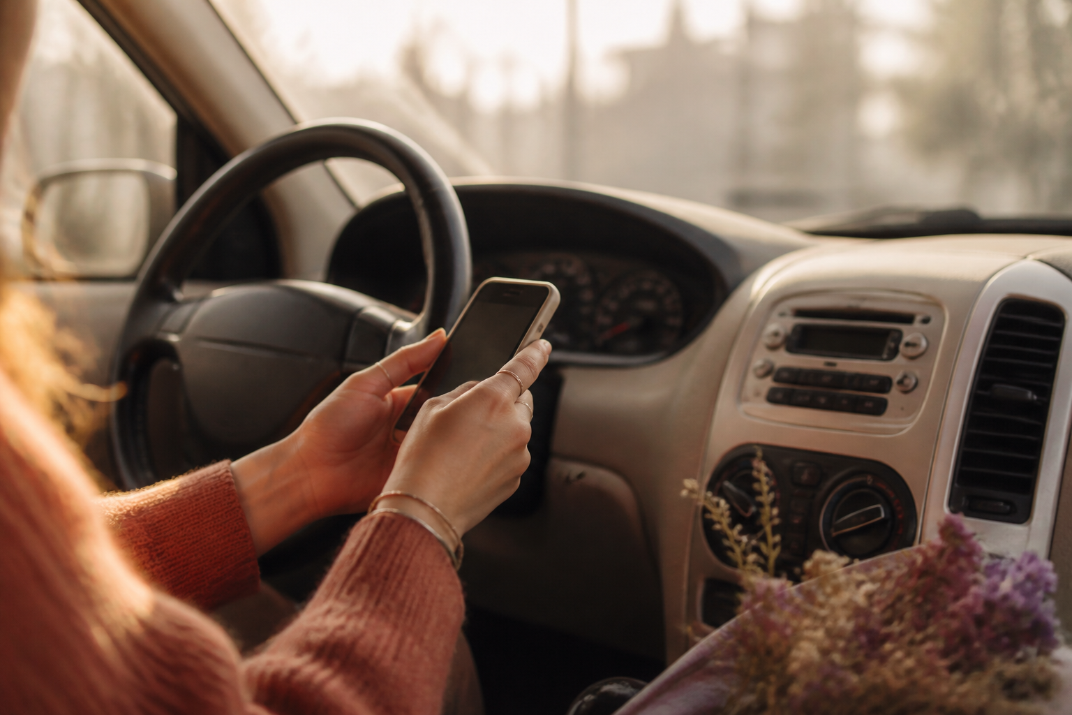 Hands holding a phone in a parked car during the morning