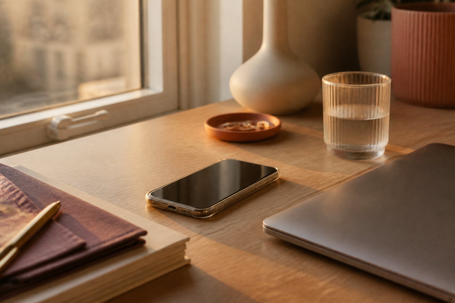 Phone and laptop on a desk at the end of a workday